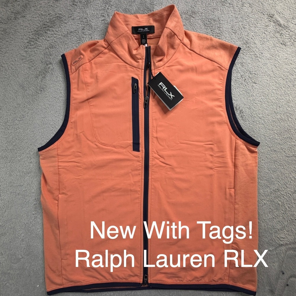 RLX Ralph Lauren Mens Golf Vest Coral Orange Navy Blue Full Zip Recycled‎ Large